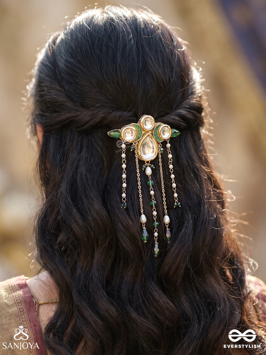 Karnapriya – Beloved Adornment – Heritage Hair Accessory With Kundan Mirror Motifs, Emerald Enamel, Pearl Chains And Aqua Drop Accents