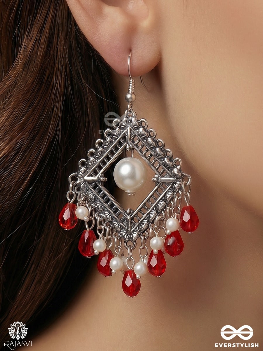 Sindurika – Oxidised Diamond Earrings With Pearl Centre And Ruby Red Bead Drops