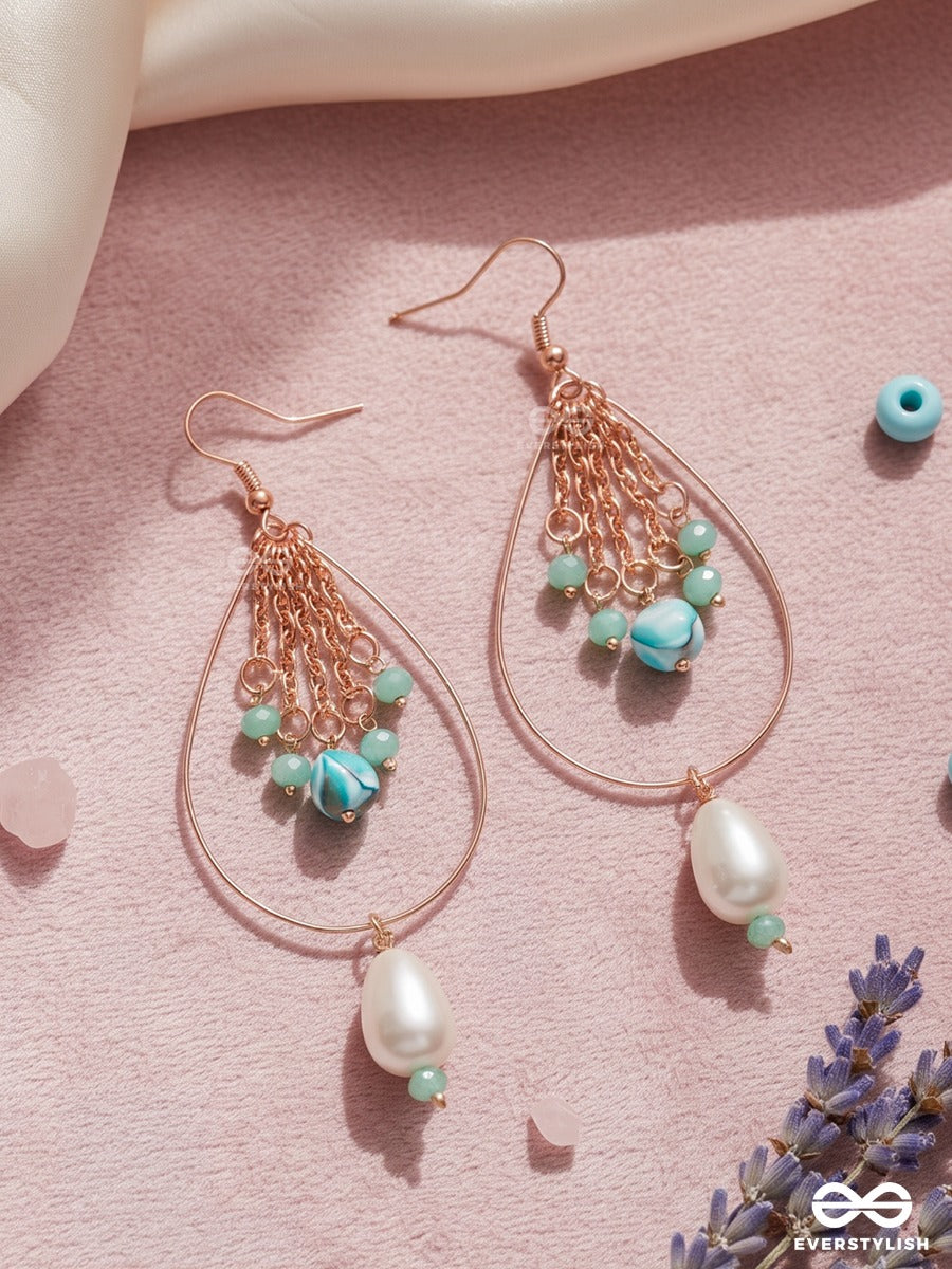 Mint Droplet – Gold Teardrop Earrings With Baroque Pearl, Chain Tassels And Turquoise Beads