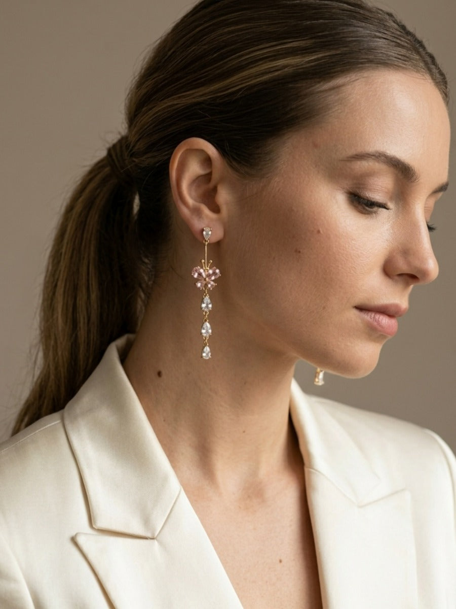 Lilac Dew - Silver-Tone Long Crystal Floral Drop Earrings