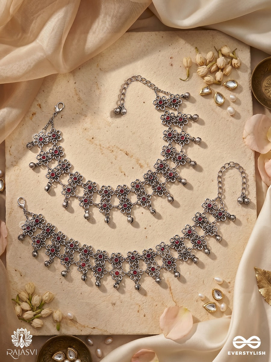 Runjhunika – Oxidised Heritage Pair Of Anklets With Intricate Floral Links And Ghungroo Drops