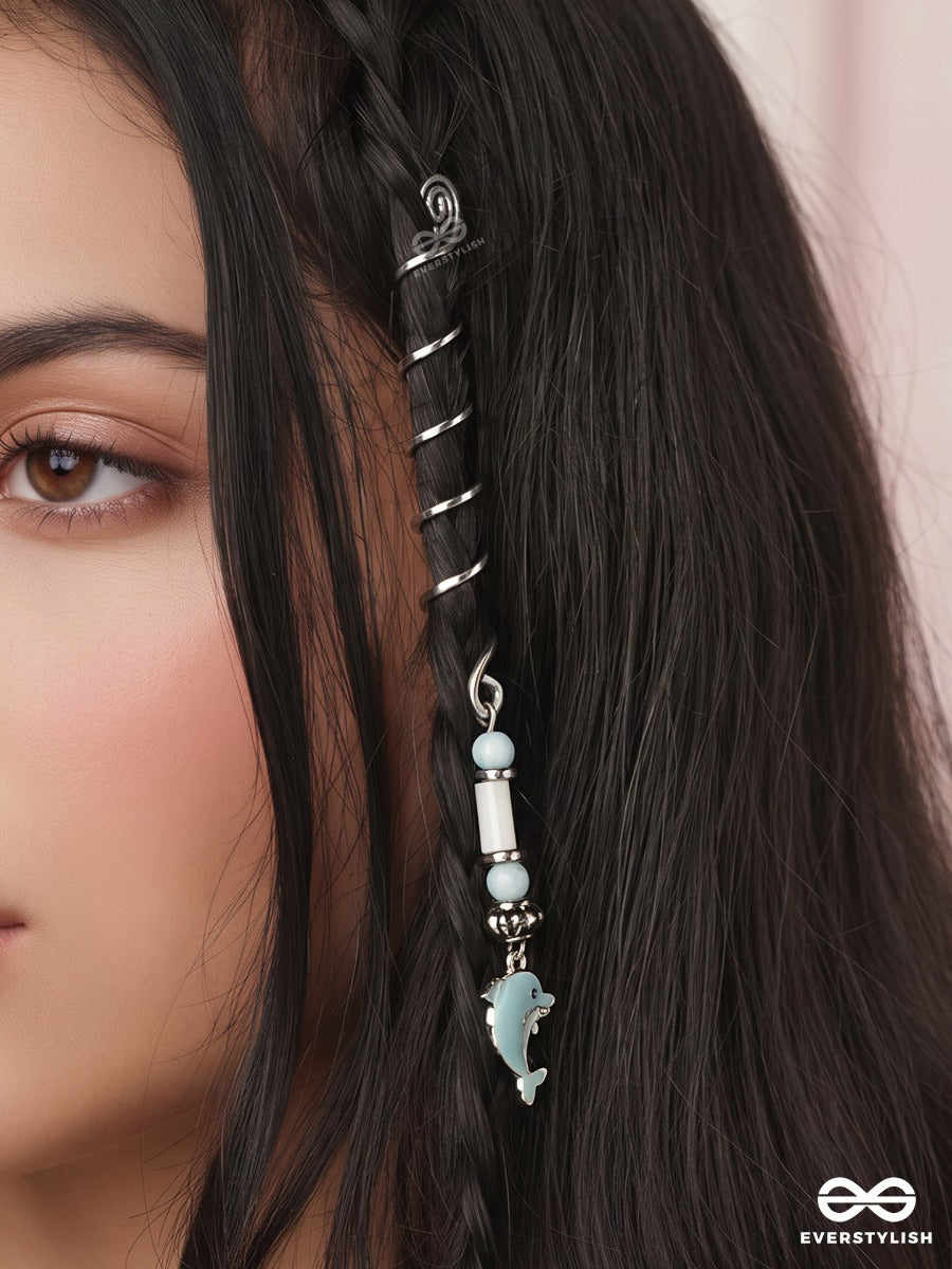 Ocean Hop – Silver Spiral Braidlet With Aqua Beads And Dolphin Charm