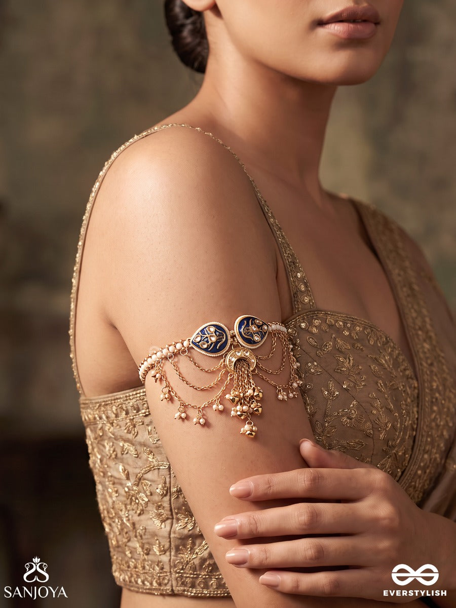 Vaijayanti – Garland Of Victory – Heritage Armlet (Single) With Navy Enamel Motifs, Pearl Strands, Ghungroo Charms And Cascading Chains