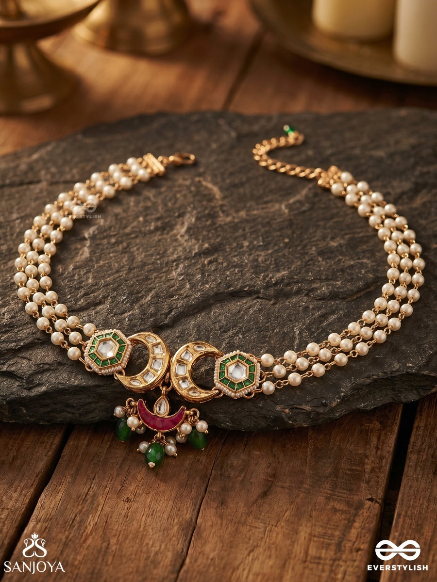 Shashiratna- Jewel Of The Moon- Kundan Necklace Inspired By The Moon's Radiance With Pearls And Green Drops