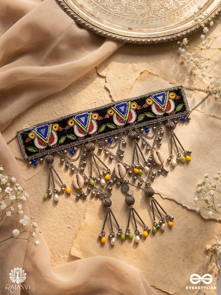 Raasrang – Colours Of Raas – Navratri Special Necklace With Colourful Folk Motifs, Oxidised Ghungroos And Cascading Danglers