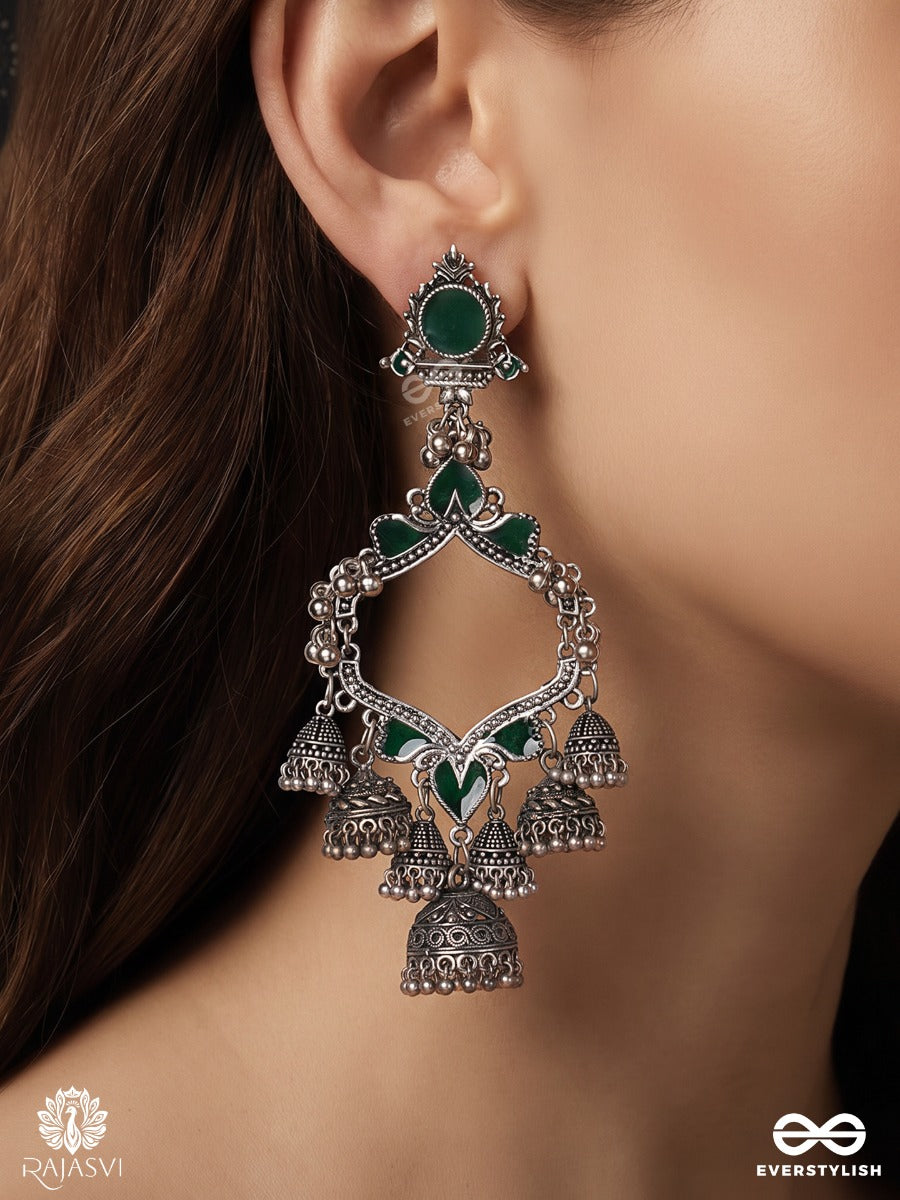 Vrindika – Emerald Enamel Oxidised Chandbali Earrings With Multi Jhumki Drops