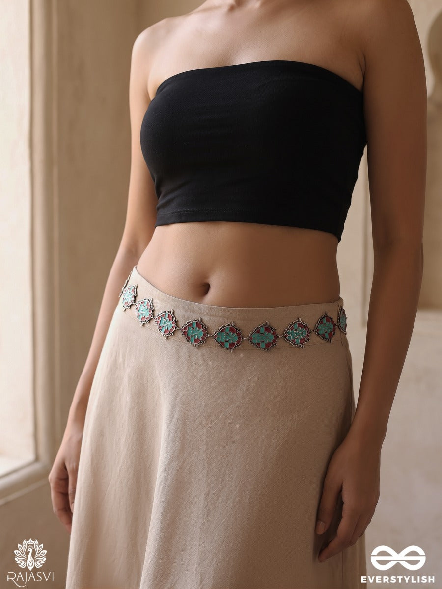 Neelambi – Oxidised Waist Chain With Turquoise Diamond Motifs And Red Accents