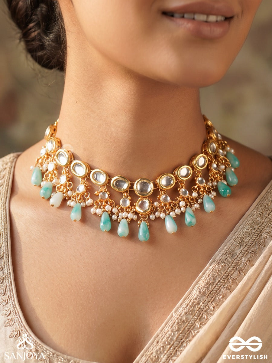 Ratnavali – String Of Gems – Heritage Choker With Kundan-Style Settings, Lustrous Pearl Clusters, Aqua Teardrop Accents And Delicate Golden Chain Detailing