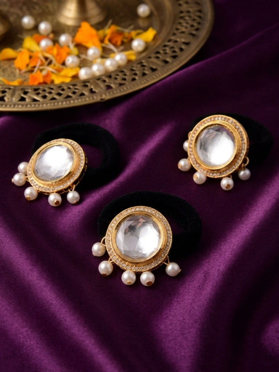 Darpani - Beautiful Reflection - Pack Of 3 Hair Accessories With Round Mirror Kundan Motifs, Pearl Drops And Ornate Golden Detailing