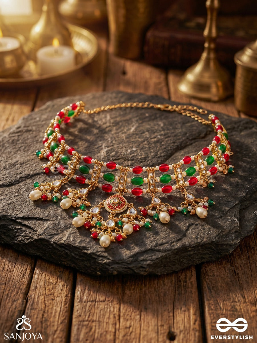 Zarmeena – Golden Bloom – Ornate Necklace With Multi-Colour Kundan Panels, Floral Dangling Motifs And Pearl Accents