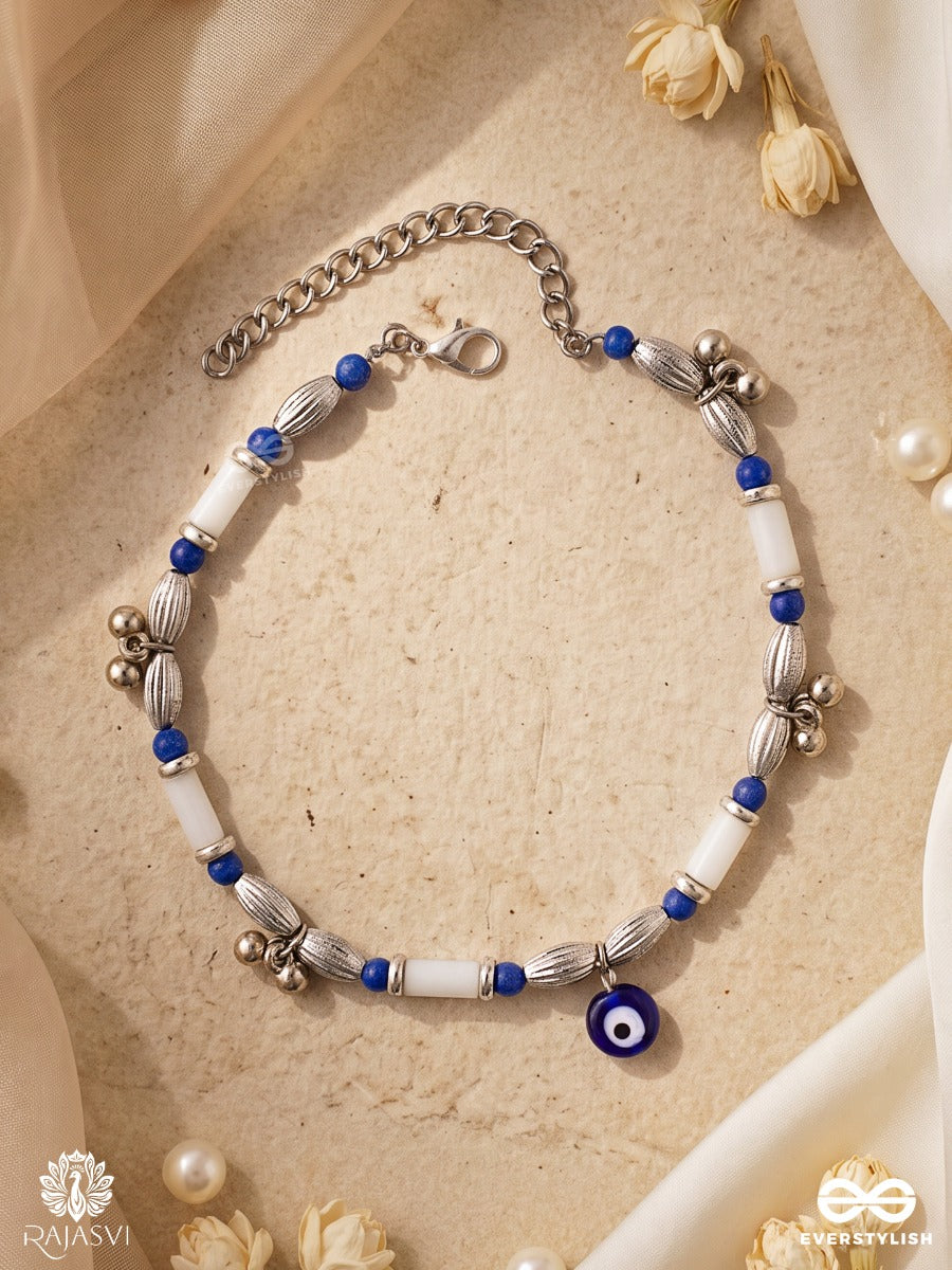 Nayanjyoti – Oxidised Anklet (Single) With Evil-Eye Charm, Blue And White Beads