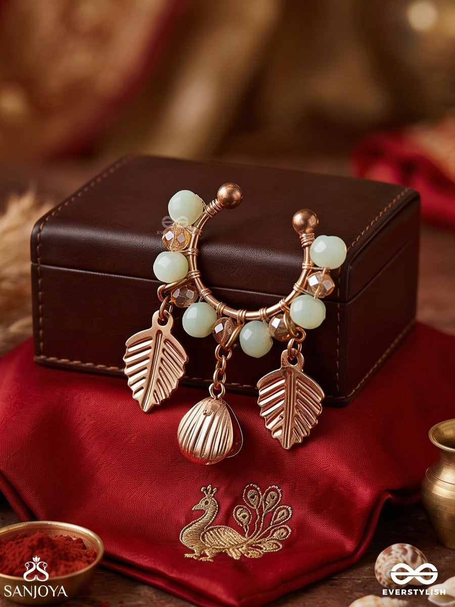 Shankhpatra – Shell And Leaf – Ornate Single Earcuff With Soft Mint Beadwork, Gold-Tone Leaf Charms And Delicate Shell Detail