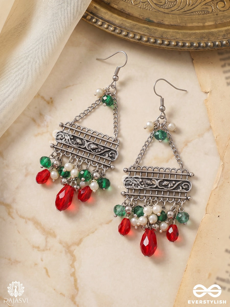 Manikhari – Oxidised Tribal Earrings With Green Stones, Pearls And Ruby Red Bead Drops