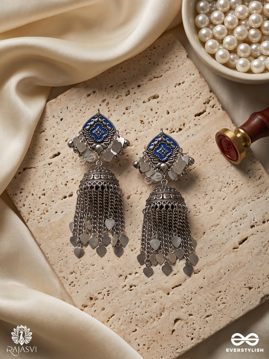 Jhanjhari – Oxidised Jhumka Earrings With Blue Enamel And Silver-Tone Chain Fringes