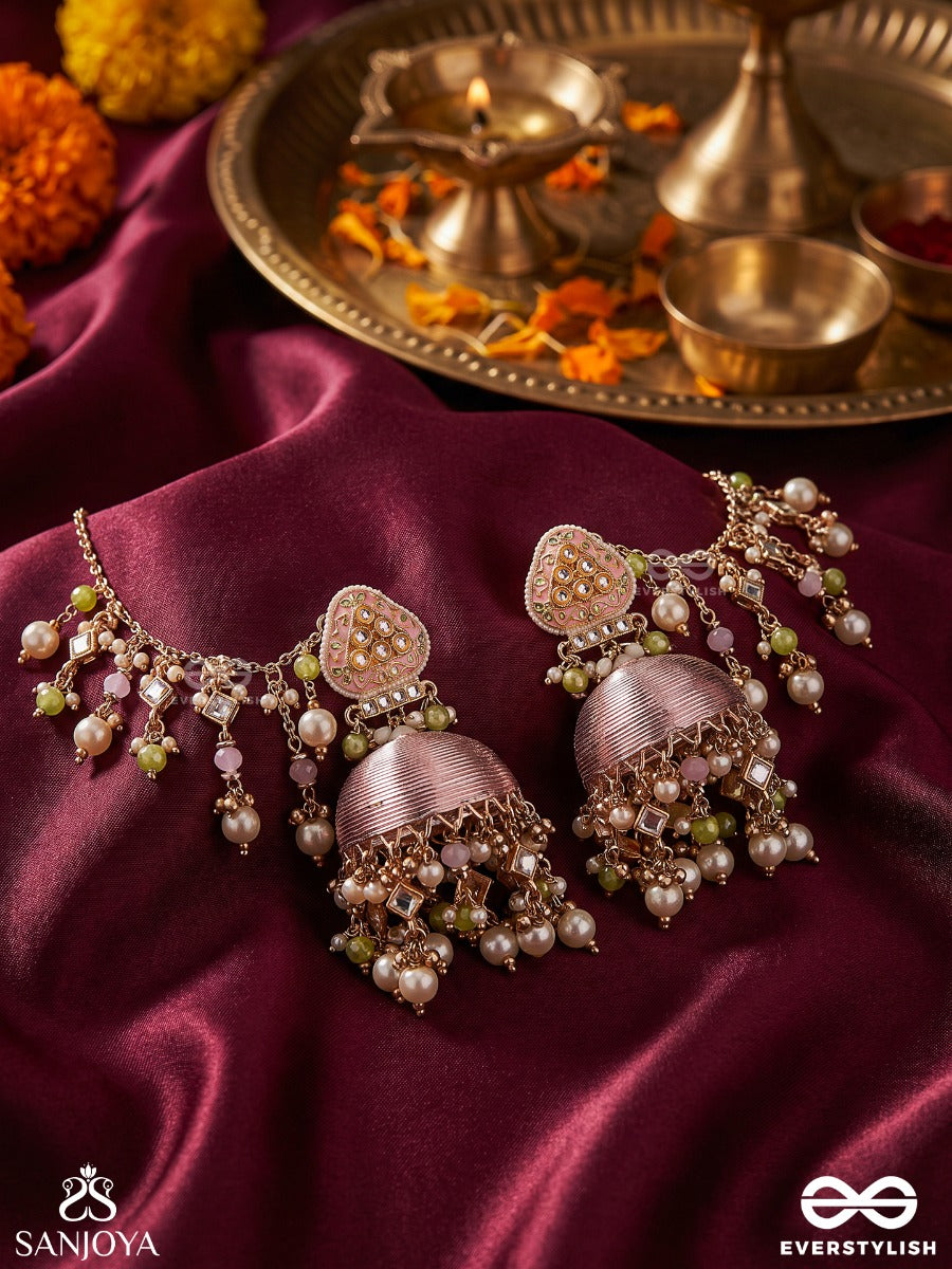Kaushalya – Royal Grace – Heritage Chain Earrings With Silk-Wrapped Jhumka, Pearl Clusters, Pastel Bead Danglers And Delicate Ear Chain
