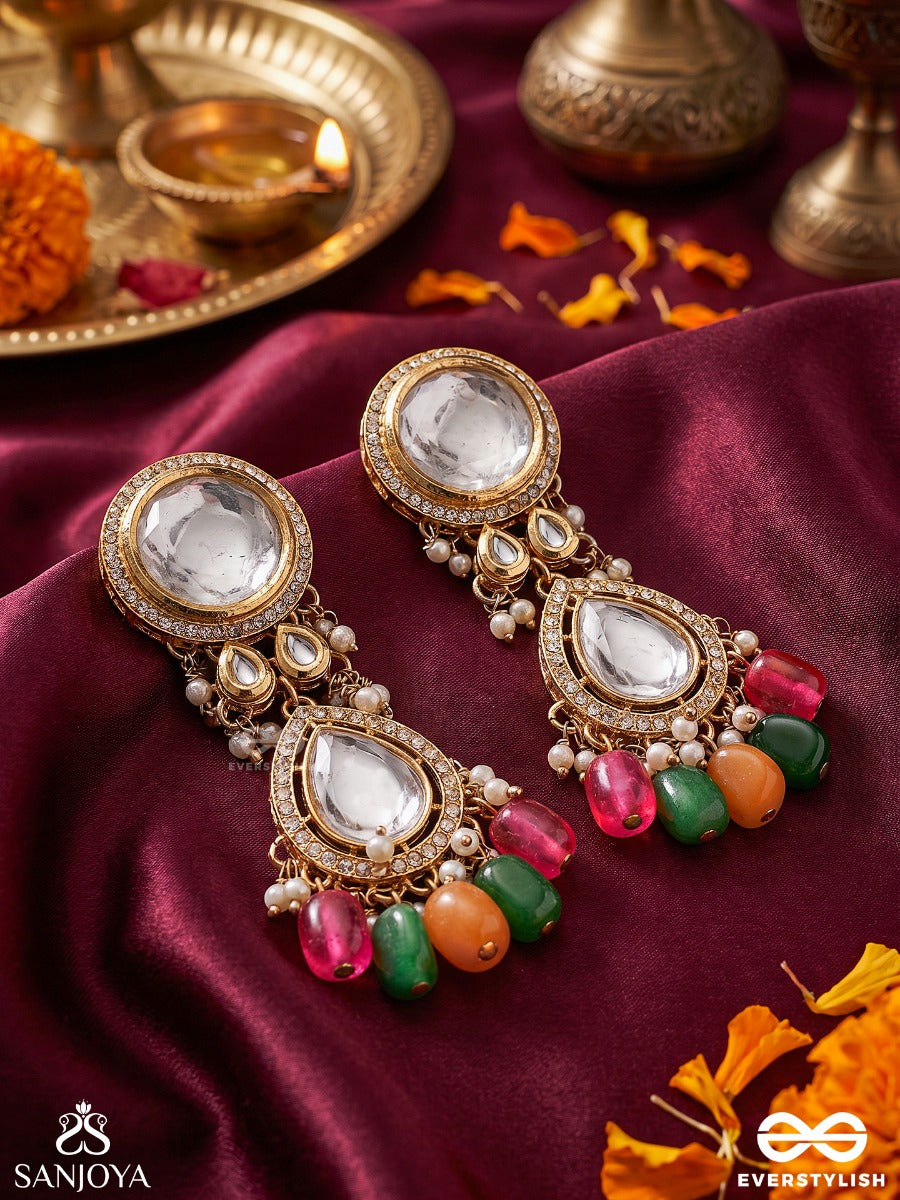 Madhuban – Honey Garden – Heritage Earrings With Mirror Kundan Motifs, Pearl Clusters, Vibrant Pink-Orange-Green Bead Drops And Ornate Golden Filigree