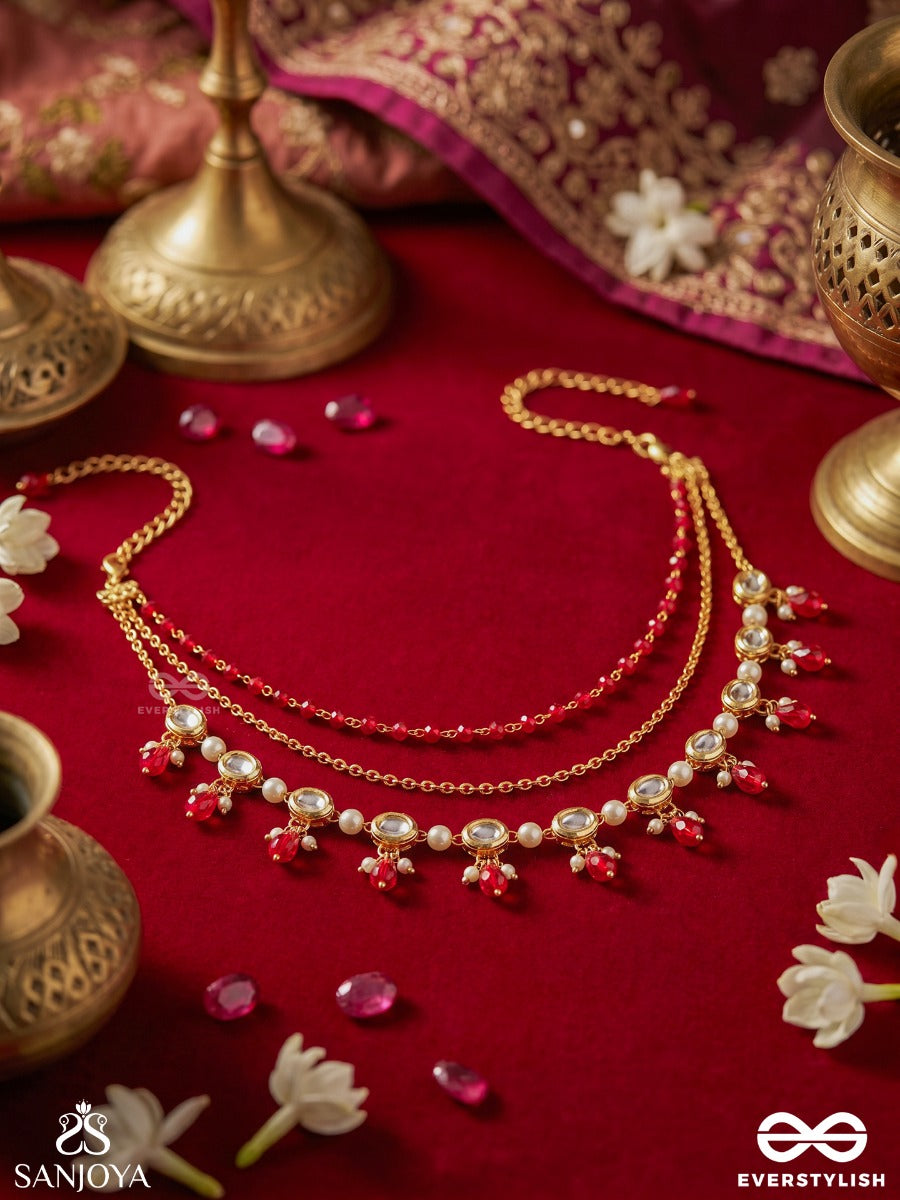 Kshitijika – Horizon Of Beauty – Convertible Body Jewellery That Styles As A Necklace Or Shoulder Chain With Ruby Bead Accents, Pearl Drops And Draped Chains
