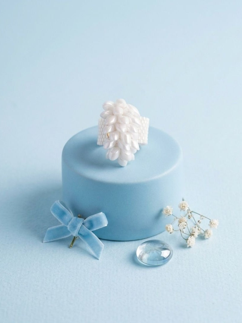 Snow Dahlia - White Beaded Floral Statement Ring