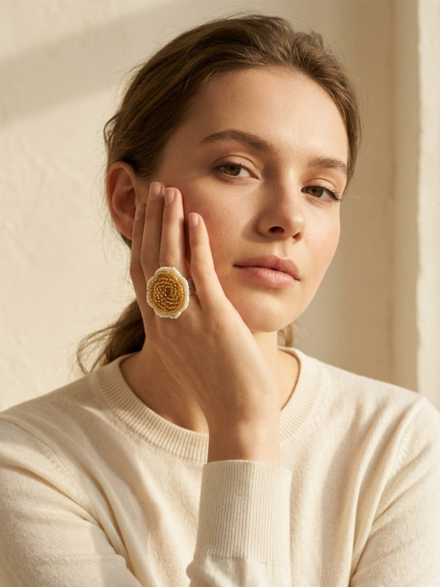 Honey Bloom - Gold & Ivory Beaded Flower Statement Ring