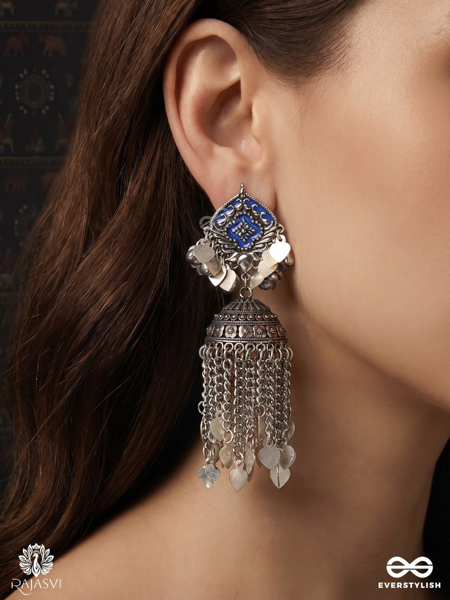 Jhanjhari – Oxidised Jhumka Earrings With Blue Enamel And Silver-Tone Chain Fringes