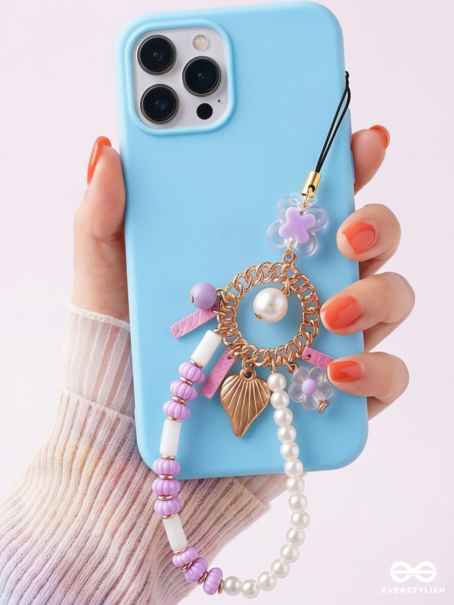 Lavender Latte – Pastel Phone Charm With Pearl Loop And Floral Details