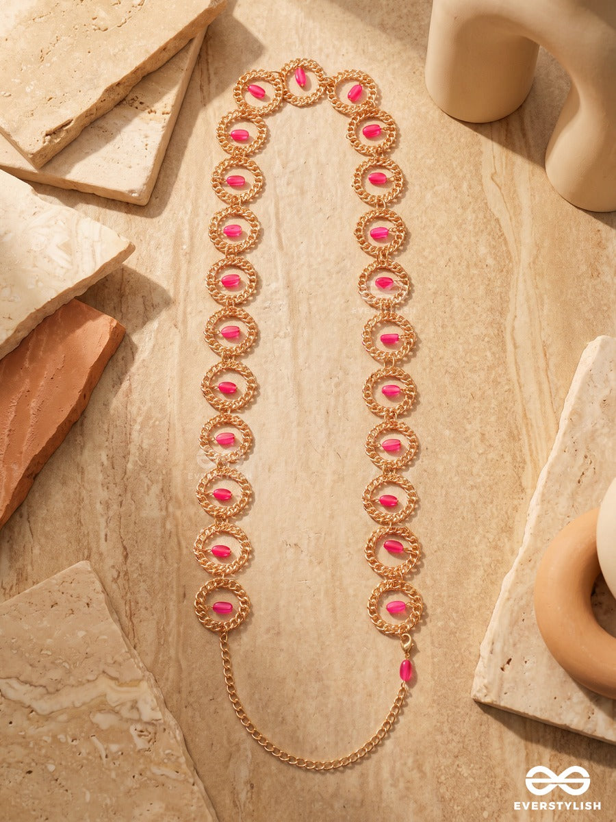 Rose Mahal – Pink Enamel Floral Waist Chain With Pearl Details And Gold Framework