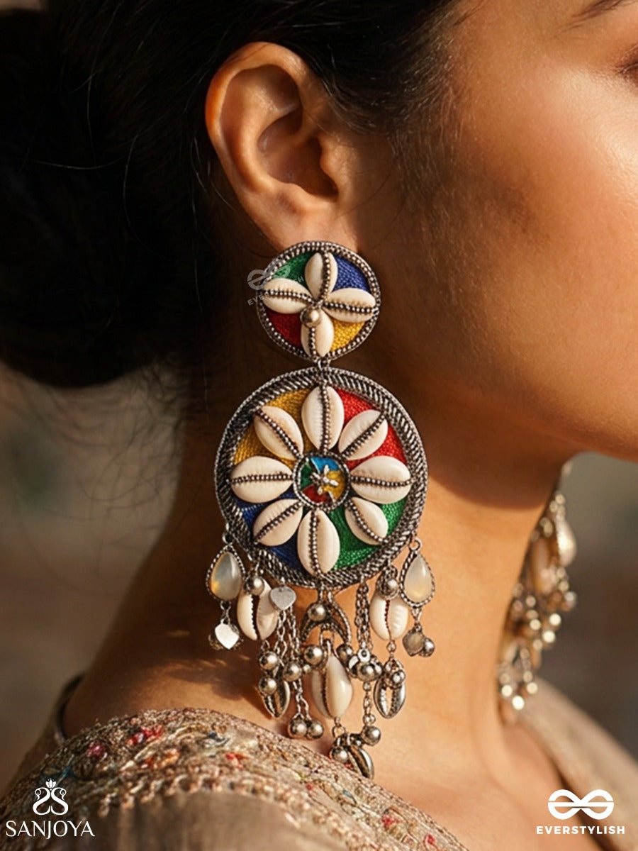 Pingakshi – Golden-Eyed – Tribal Statement Earrings With Cowrie Shell Florals, Multicolour Enamel And Oxidised Danglers