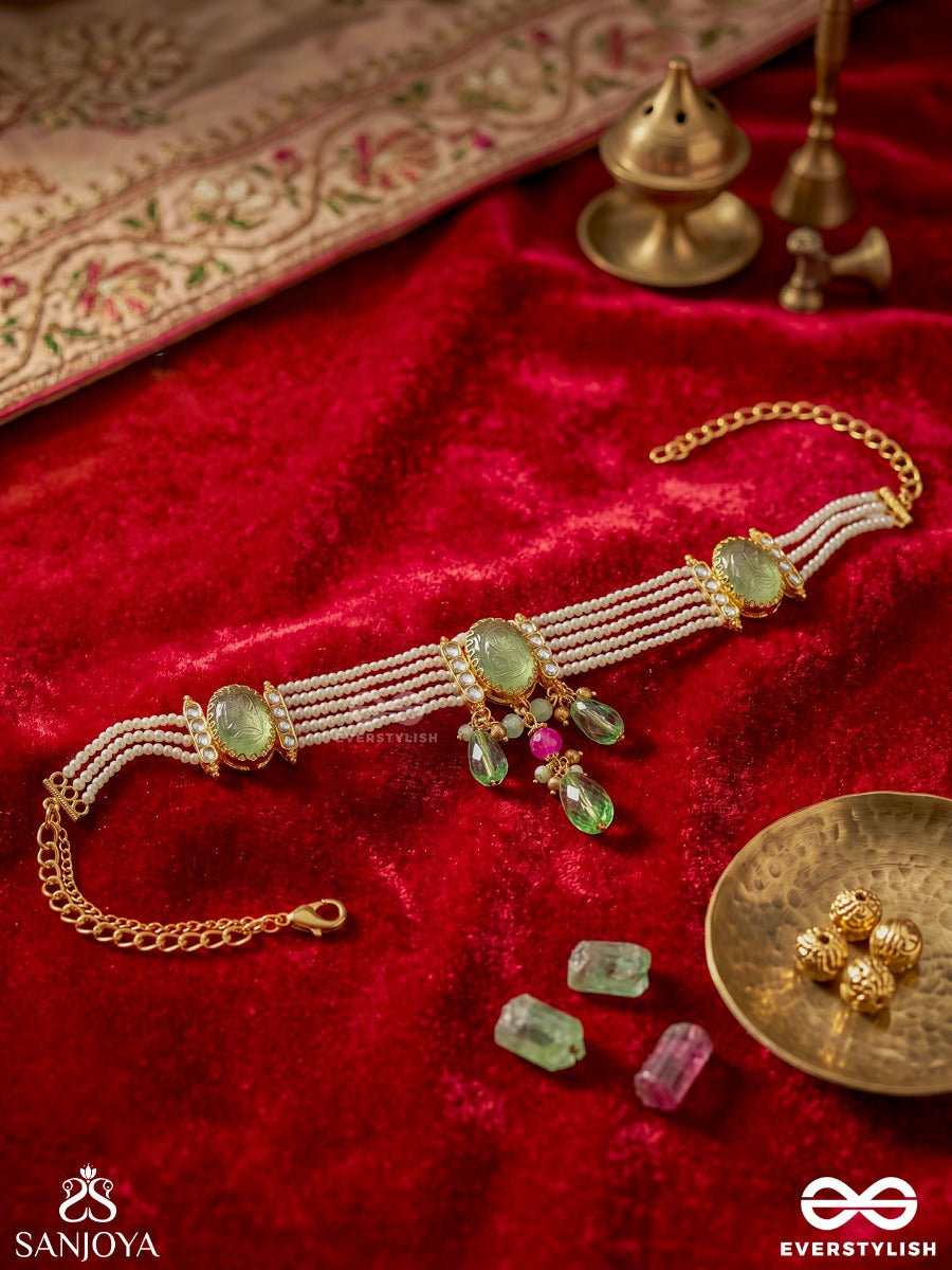 Ambuprabha – Radiance Of The Waters – Elegant Multi-Strand Necklace With Pearl Layers, Carved Green Stones And Crystal Drop Accents