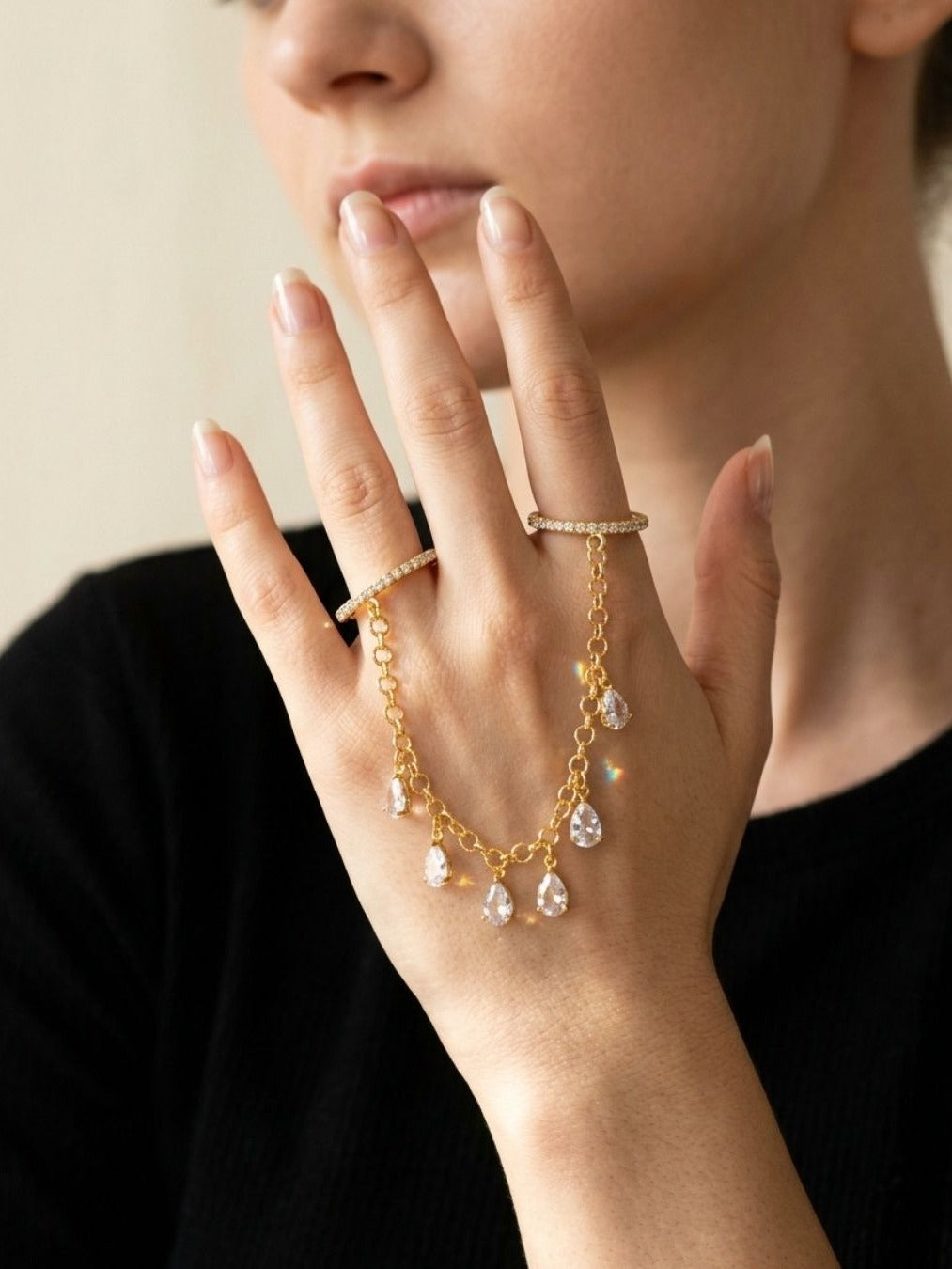 Two In Sync - Gold-Tone Connected Double Finger Ring With Crystal Charms And Delicate Chain Details