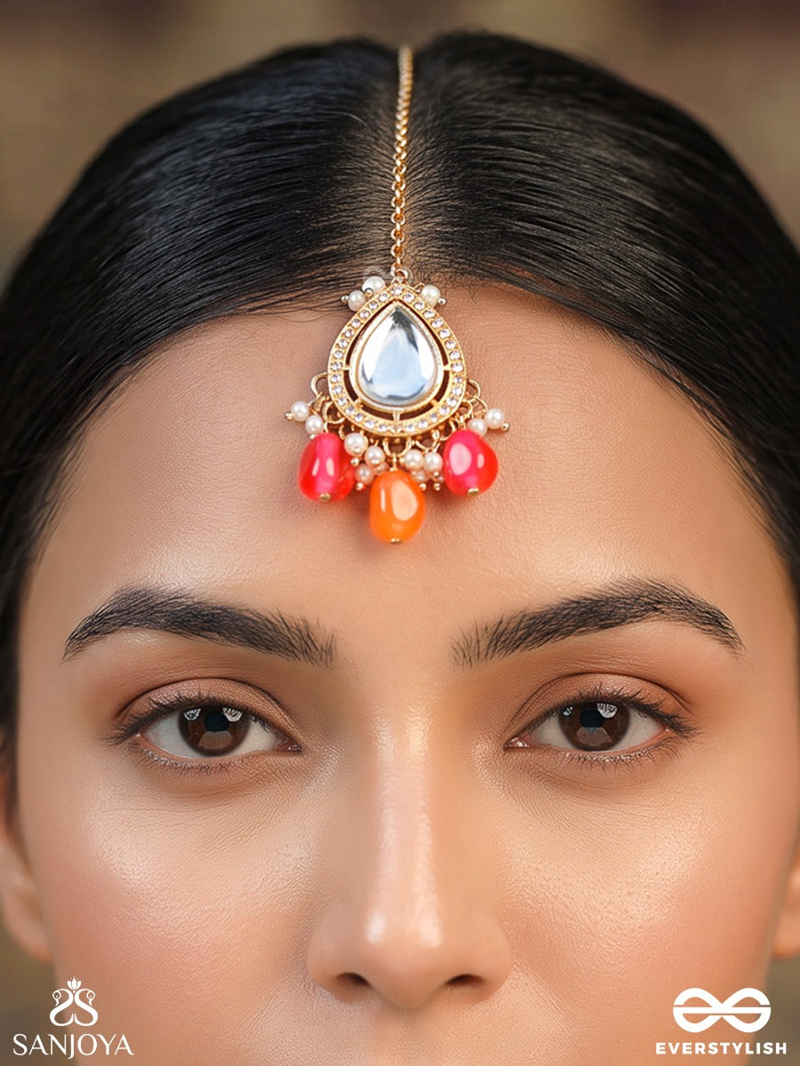 Ketaki – Screw Pine Blossom – Heritage Maangtika With Mirror Centre, Coral-Orange Bead Drops, Pearl Accents And Golden Filigree