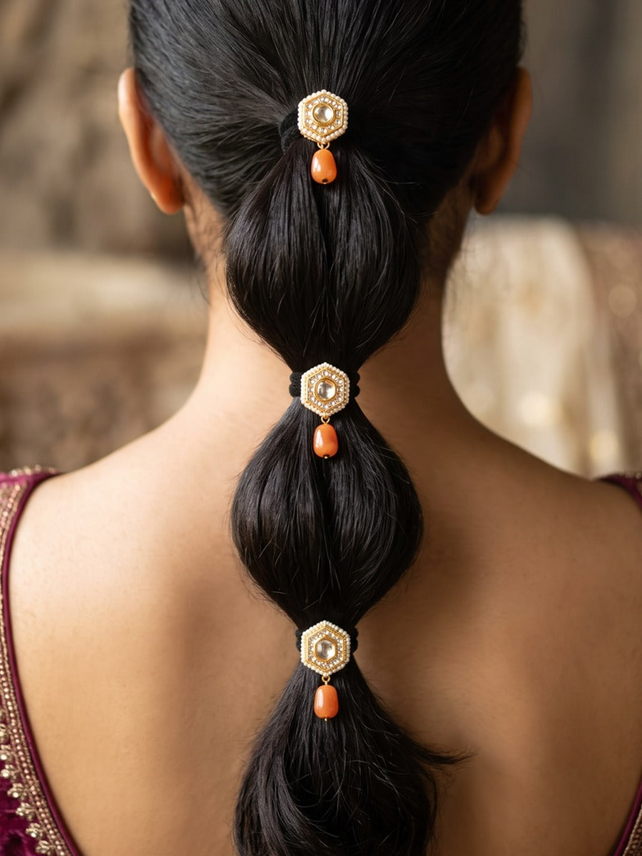 Konika - Little Corner Of Light - Pack Of 3 Hair Accessories With Round Mirror Motifs, Pearl Edging, Golden Details And Orange Bead Drops