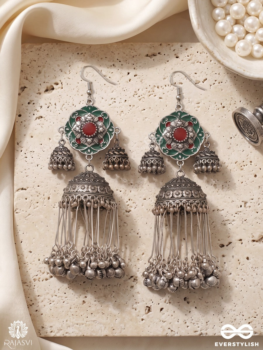 Mehfiza – Oxidised Earrings With Red-Green Enamel, Jhumki Motifs And Ghungroo Tassels