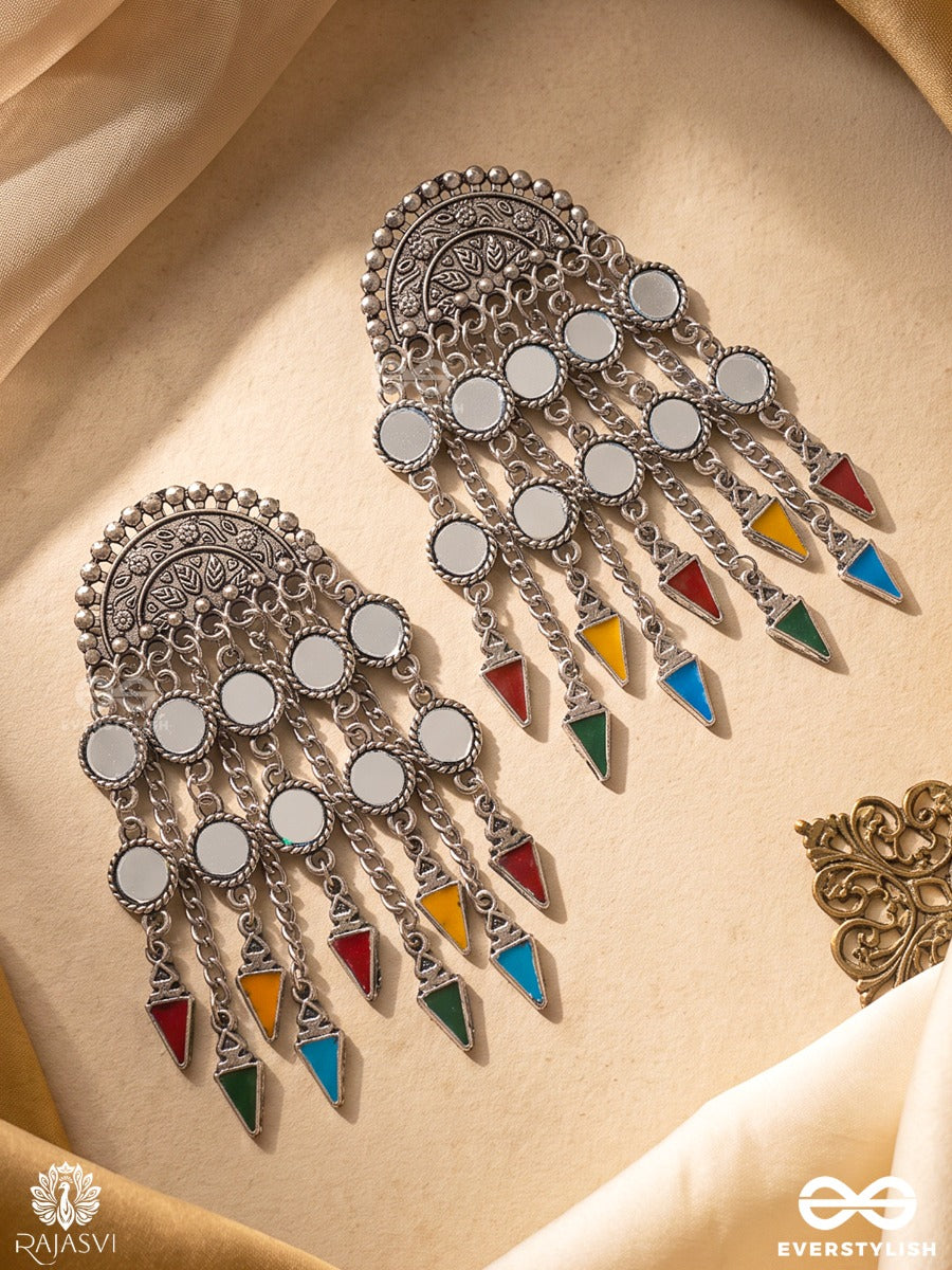 Rangmandal – Oxidised Earrings With Multicolour Enamel Charms And Mirror Details