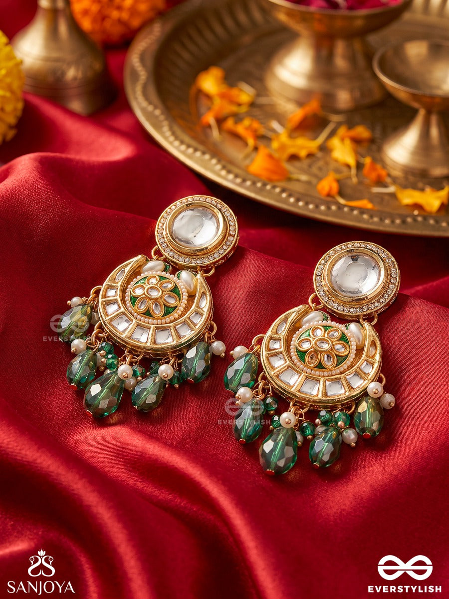 Harinika – Emerald Grace – Heritage Earrings With Mirror Kundan Motifs, Floral Enamel Details, Emerald Teardrop Danglers, Pearl Accents And Delicate Golden Filigree