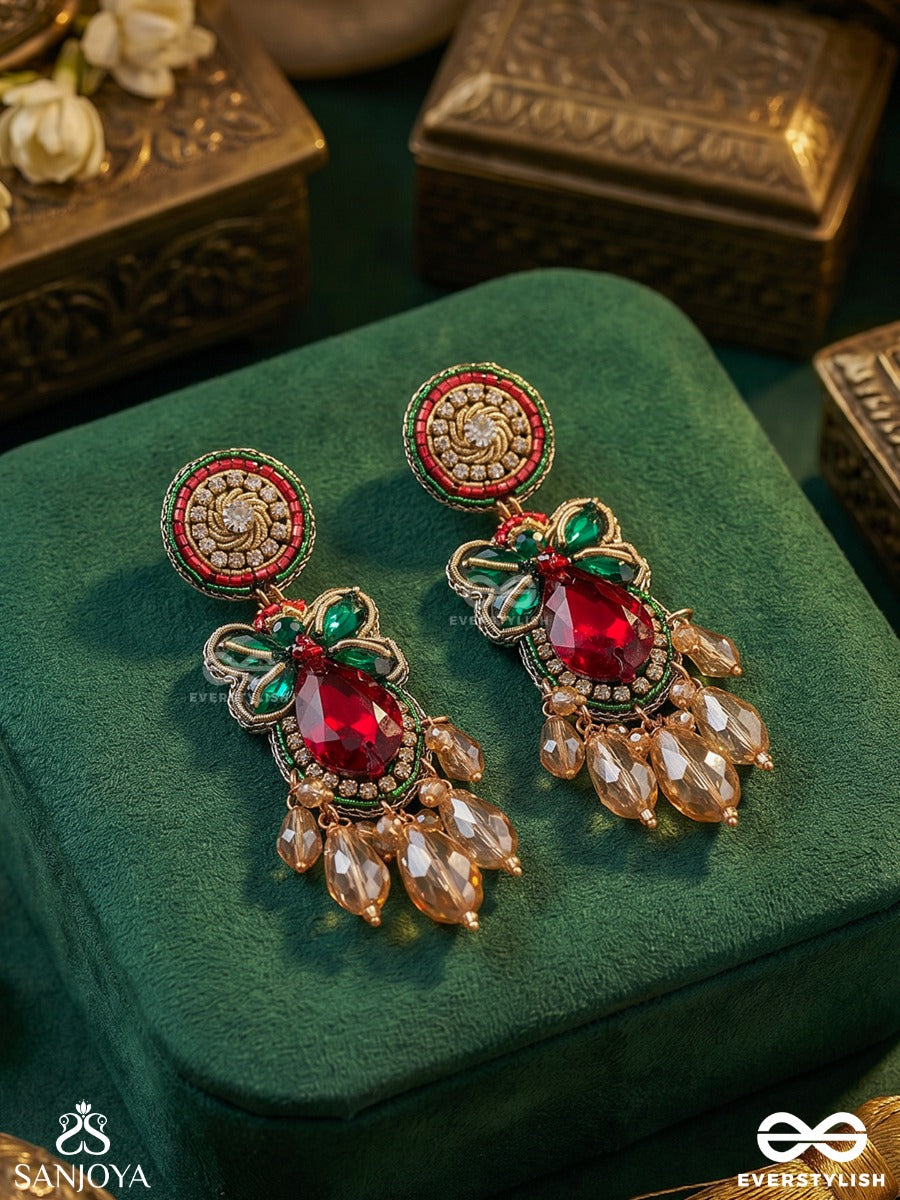 Padminika – Lotus Bloom – Heritage Earrings With Green Meenakari Petal Motifs, Ruby Teardrop Centre, Kundan Accents And Dangling Crystal Charms