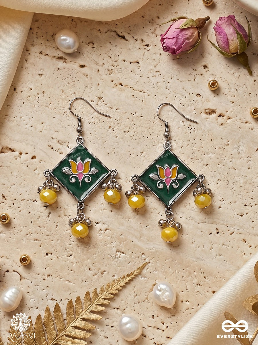 Pachirang – Oxidised Enamel Heritage Earrings With Green Diamond Motifs, Floral Details And Yellow Bead Drops