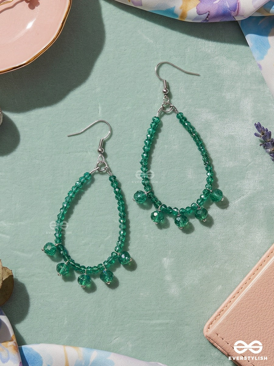 Emerald Dew – Green Faceted Bead Teardrop Earrings With Crystal Fringes