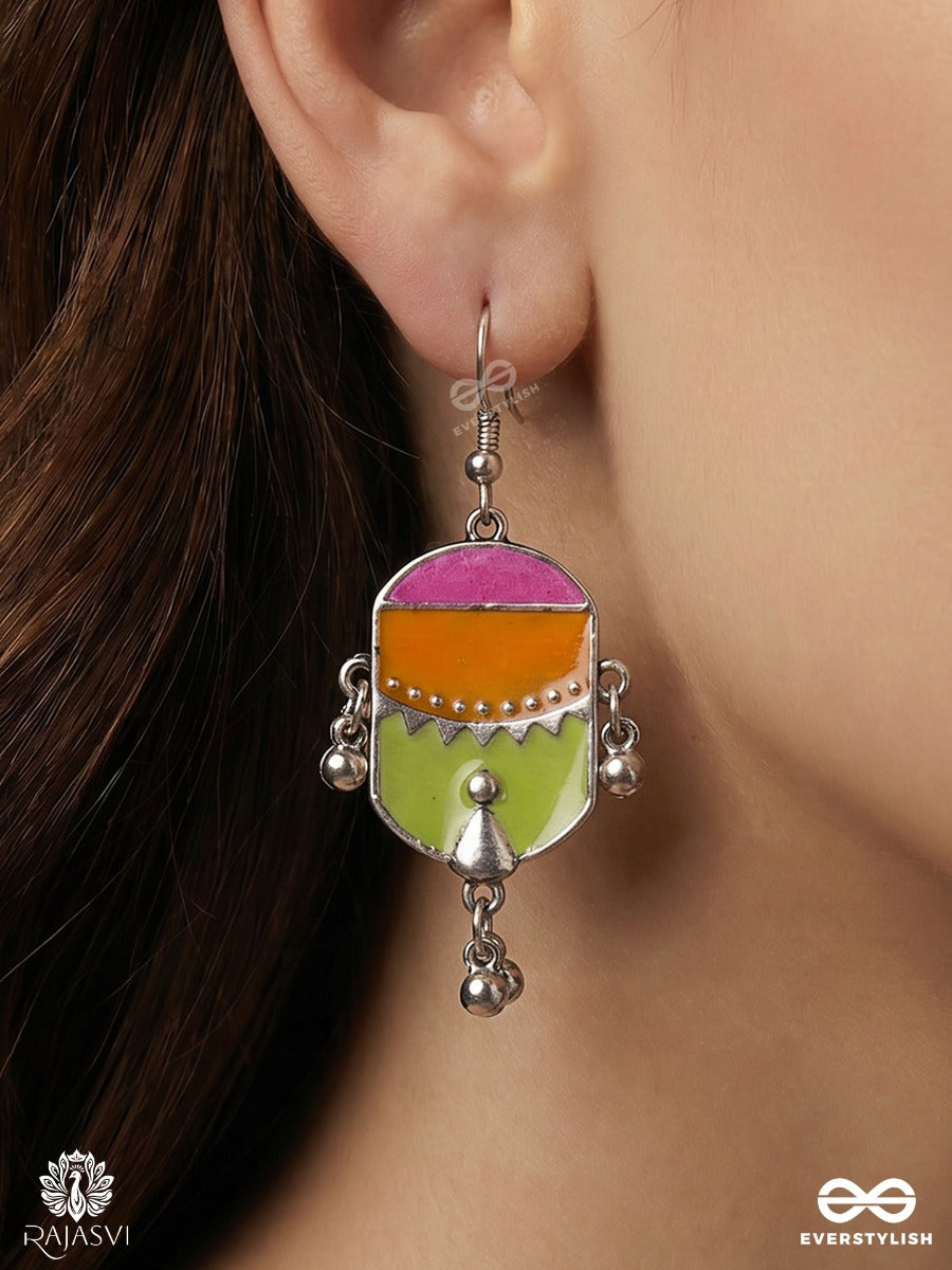 Veerangana – Oxidised Enamel Tribal Earrings With Multicolour Shield Motif And Ghungroo Details