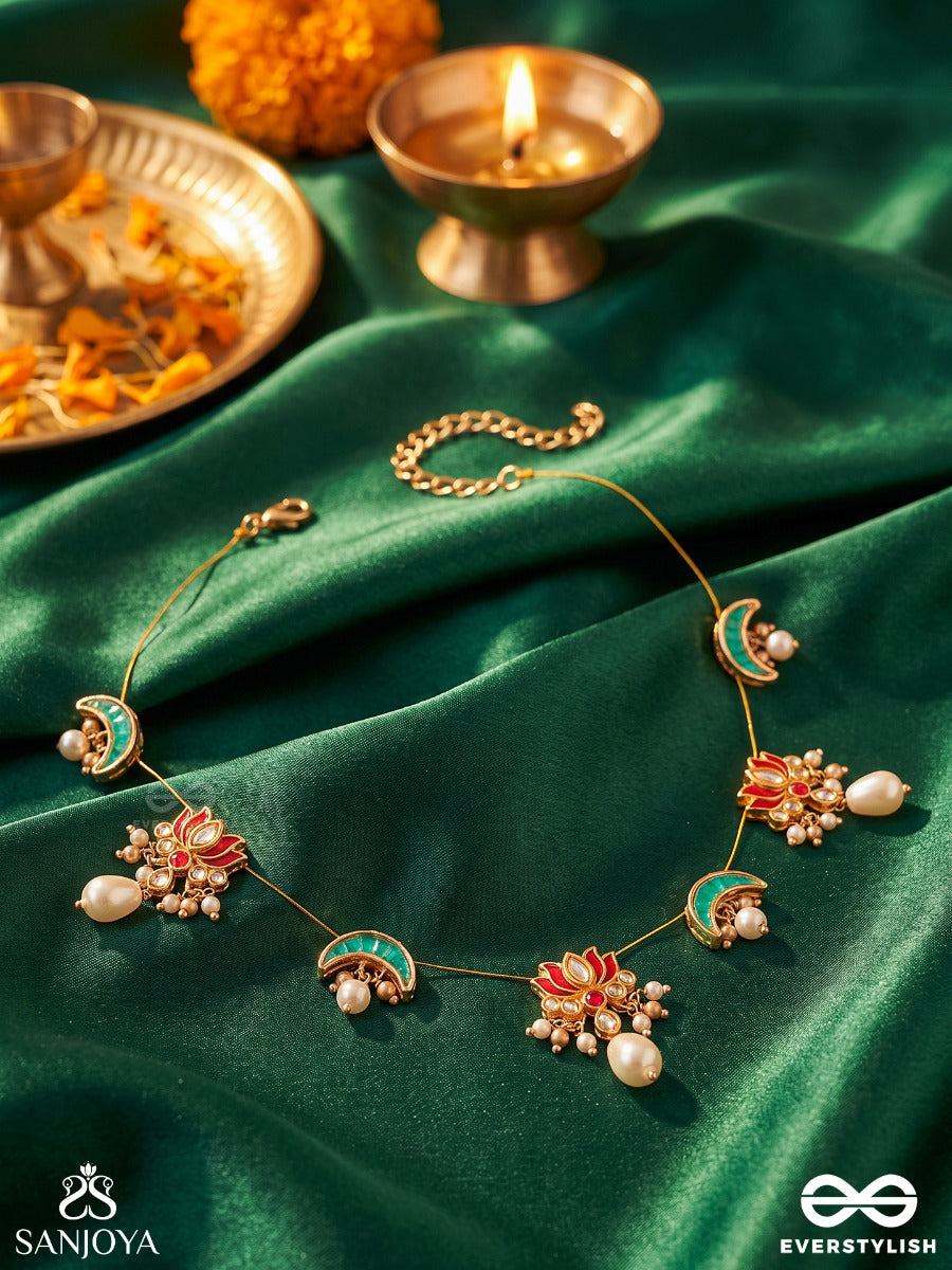 Madhurima – Sweet Grace – Heritage Necklace With Enamel Crescent Motifs, Coral Floral Clusters, Pearl Drops And Golden Detailing