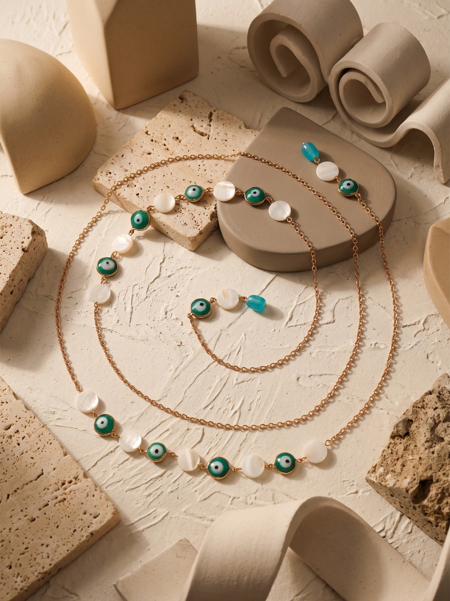 Nazaria – Multiway Evil Eye Chain With Mother-Of-Pearl Beads And Turquoise Accents That Can Be Styled As Necklace; Scarf-Style Necklace; Waist Chain; Knot Necklace