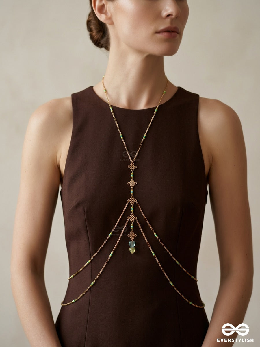 Sea Sprig – Layered Golden Body Chain With Pastel Bead Accents And Aqua Stones