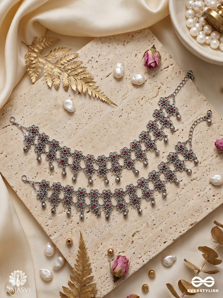 Runjhunika – Oxidised Heritage Pair Of Anklets With Intricate Floral Links And Ghungroo Drops