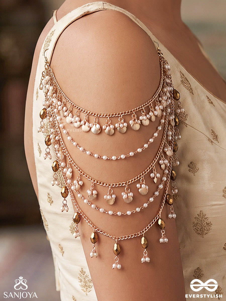 Rashmi – Ray Of Light – Multi-Purpose 3-In-1 Layered Chain With Pearl Clusters, Golden Drapes And Dangling Bead Accents