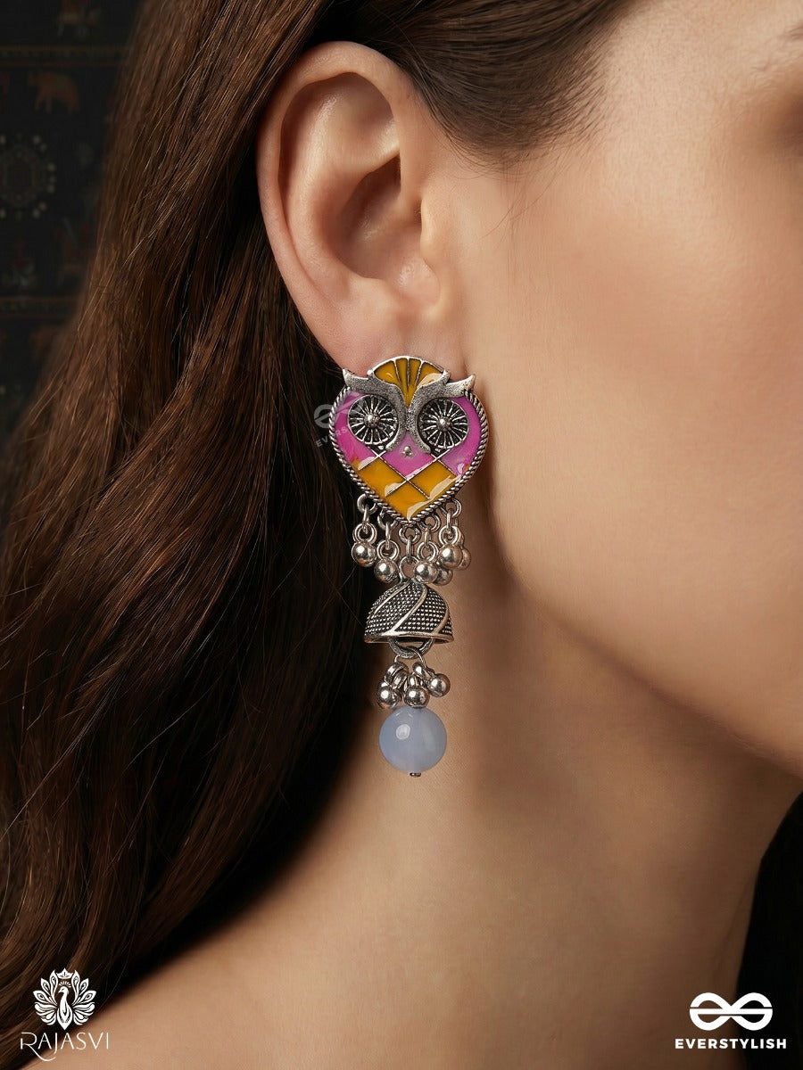 Nishapankhi – Oxidised Enamel Earrings With Owl Motifs, Tribal Charms And Sky Blue Bead Drops