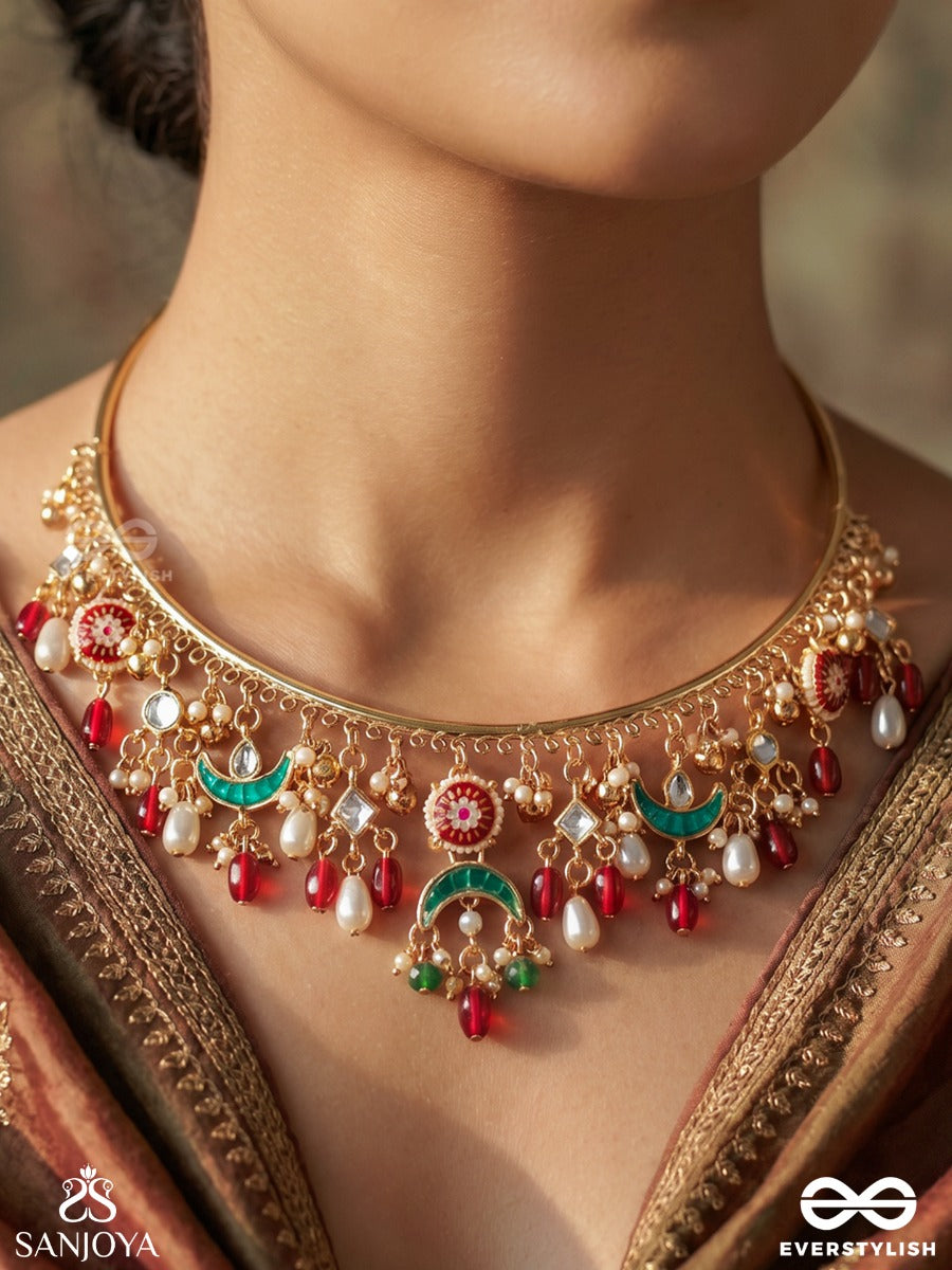 Noyonika – Beautiful Eyes – Heritage Hasli Necklace With Enamel Crescent Charms, Floral Motifs, Pearl Accents And Ruby Drops