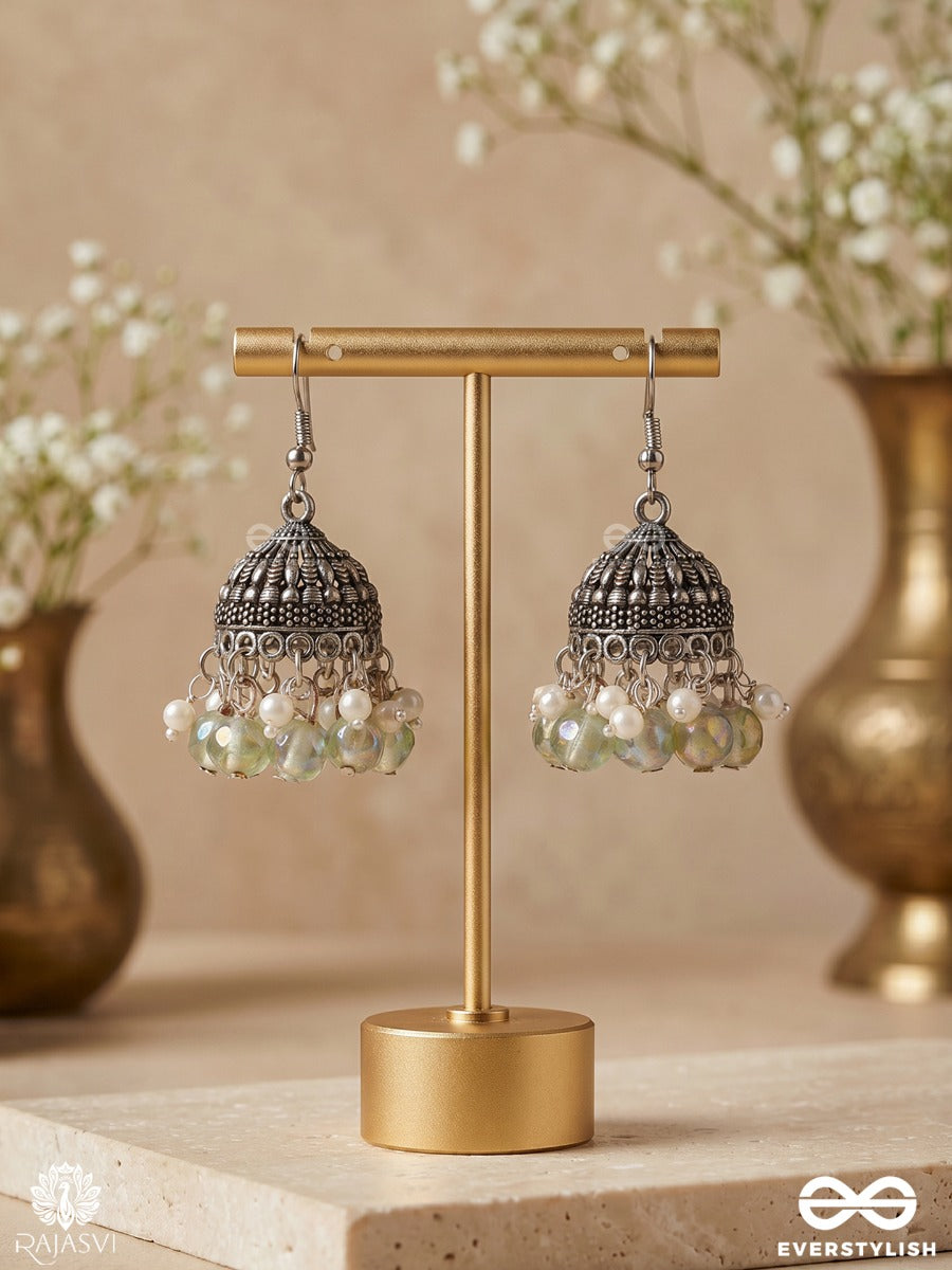 Muktakshi – Oxidised Jhumka Earrings With Pearl Clusters And Sage Green Bead Drops