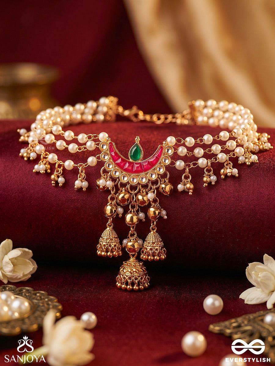 Shringara – Divine Adornment – Heritage Armlet (Single) With Layered Pearl Strands, Enamel Crescent Motif, Jhumki Charms And Ghungroo Accents