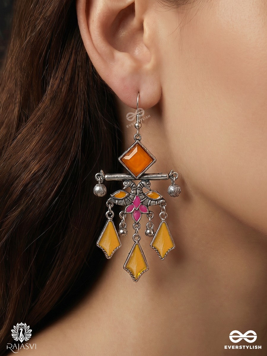 Kanchanika – Oxidised Enamel Earrings With Amber Diamond Motifs, Pink Floral Details And Ghungroo Drops