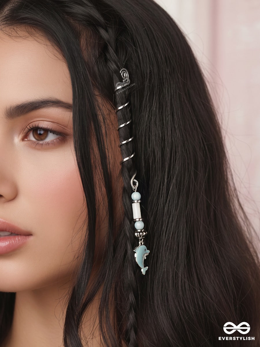 Ocean Hop – Silver Spiral Braidlet With Aqua Beads And Dolphin Charm