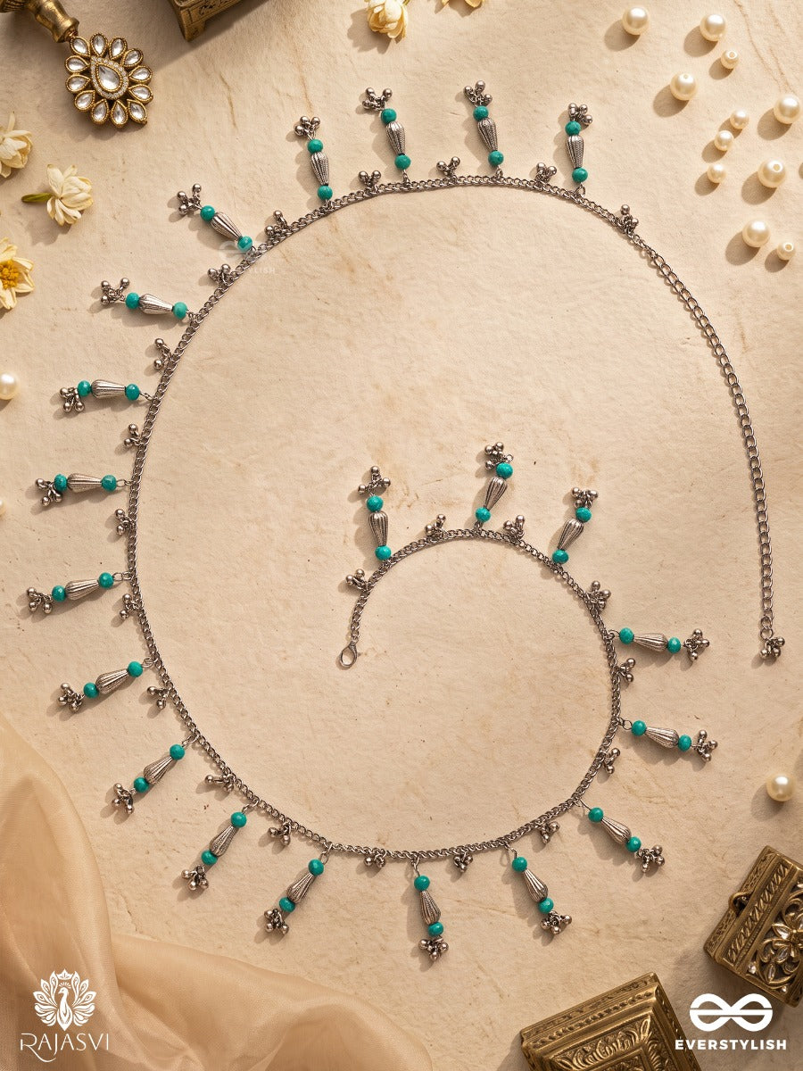 Nirjhari – Oxidised Waist Chain With Turquoise Beads And Floral Drops